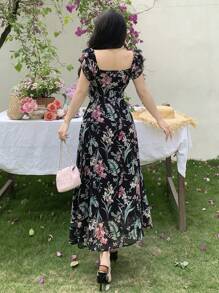 DAZY Vestido de gasa con estampado floral pequeño, vestido corto de manga corta con volantes y estampado floral pequeño por todo el vestido para mujeres, outfit para crucero