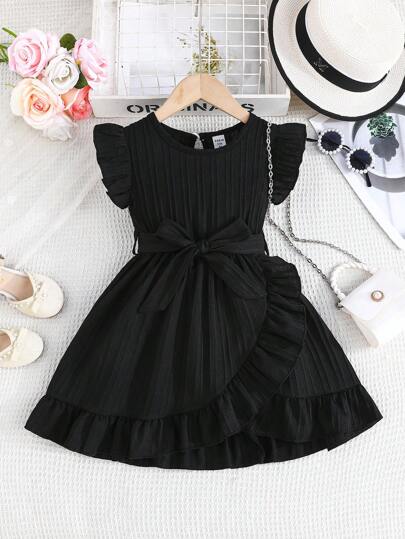 SHEIN Elladie kids Vestido casual cómodo con volantes y cinturón para niña, de verano