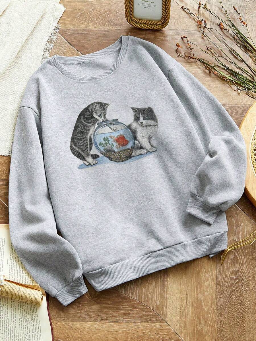 INAWLY Áo nỉ họa tiết mèo cổ điển thập niên 90, Áo mèo, Áo len/Áo hoodie mèo, Áo phông mèo, Quà tặng Giáng sinh, Quà tặng Ngày của Cha - Màu Xám nhạt - Xem 1