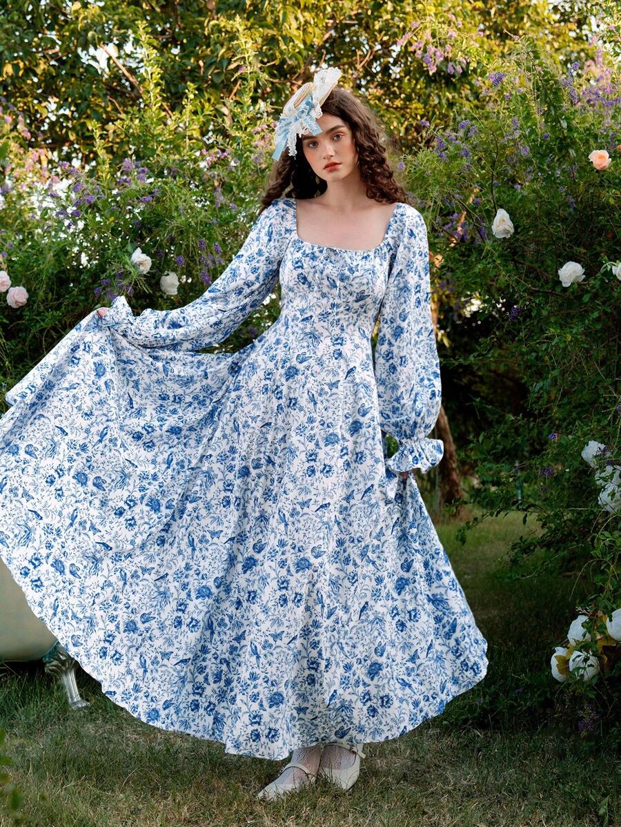 SHEIN MOD 蓝白花卉印花优雅泡泡袖长裙，节日派对礼服 - 藍白色 - 查看 1