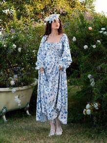 SHEIN MOD 蓝白花卉印花优雅泡泡袖长裙，节日派对礼服 - 藍白色 - 查看 4