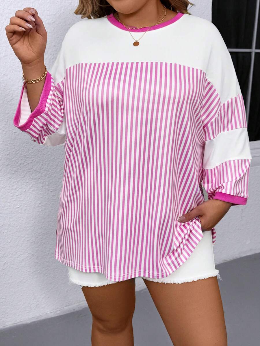 Camiseta informal holgada de mujer talla grande con cuello redondo, hombros caídos y rayas - Multicolor - Ver 1