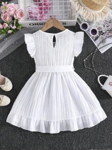 SHEIN Elladie kids 年轻女孩舒适休闲荷叶边下摆连衣裙，配有可拆卸腰带，夏季 - 白色 - 查看 2