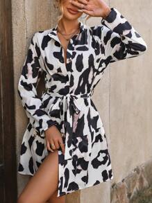 Women's Leopard Print Long Sleeve Single-Breasted Casual Shirt Dress - Multicolor - View 4
