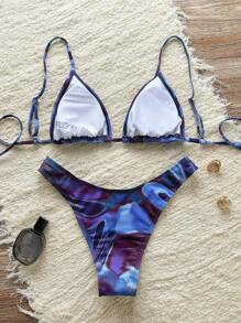 SHEIN Swim 2pcs/Set Vintage Style Allover Print Backless Beach Tie Bikini Swimwear Set For Women, For Summer Vacation - Multicolor - View 2