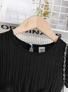 SHEIN Elladie kids Váy xòe đơn giản thoải mái cho bé gái kèm phụ kiện thắt lưng, mùa hè - màu đen - Xem 6