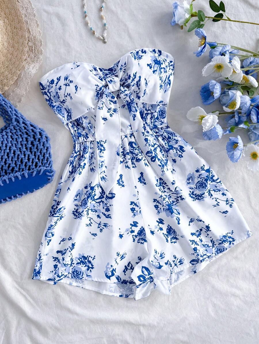 Soleia Women's Floral Print Strapless Jumpsuit, Suitable For Vacation - Blue and White - View 1