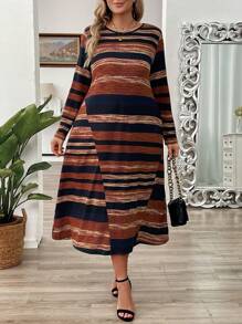 EMERY ROSE Vintage Asymmetrical Striped Long Sleeve Knit Dress, Plus Size Women Modest Dresses For New Year - Multicolor - View 4