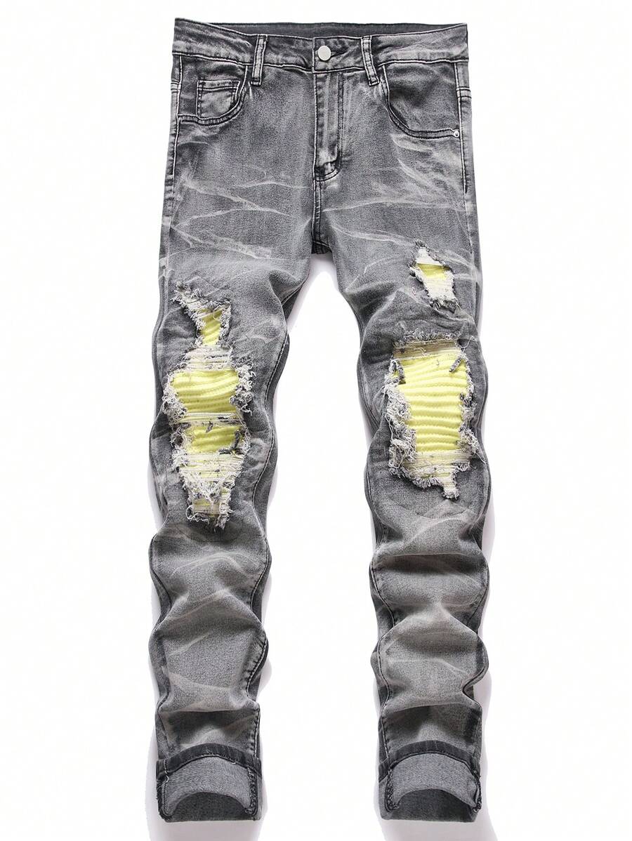 Manfinity Roughcore Plus Size Men's Casual Distressed Washed Denim Jeans - Grey - View 1