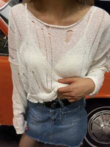 Chiquease Women's Casual Solid Color Short Hollowed-Out Knit Sweater