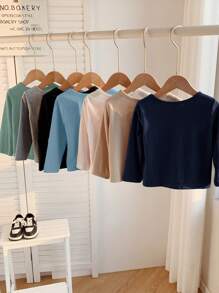 SHEIN Bộ 7 áo thun dài tay cho bé trai và bé gái, đơn giản, đa năng, thoải mái, màu trơn - Nhiều màu - Xem 2