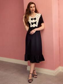 MOTF PREMIUM WOMEN'S CONTRAST POLKA DOT BOW DECOR MID-LENGTH DRESS,SPRING/SUMMER - Black - View 5