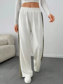 SHEIN Tall Modal Soft Wide Leg Contrast Tape Drawstring Waist Pants - White - View 6