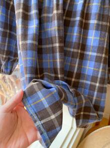 Blossori 年轻女孩法式优雅格纹荷叶边宽松长袖连衣裙 - 藍色 - 查看 6