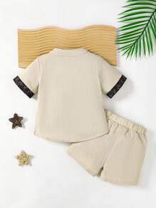 2 pezzi/set Top e pantaloncini da bambino set di colore albicocca con stampa, colletto alla coreana, tessuto morbido e confortevole, adatto per uso quotidiano, vacanze, scuola, riunioni, primavera/estate - Albicocca - Visualizzare 2