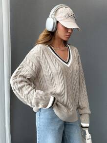 EURMUSE Women V-Neck Cable Knit Pattern Stripe Detailed Pullover - Beige - View 4