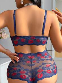 SHEIN Bộ đồ lót ren cỡ lớn 2 món, Ngày lễ tình nhân - Màu xanh lam - Xem 2