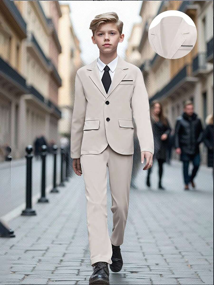 Conjunto de 2 piezas traje formal estilo coreano para niño preadolescente, ajuste delgado, para boda o fiesta. Incluye blazer de solapa simple y pantalones casuales de pierna recta.