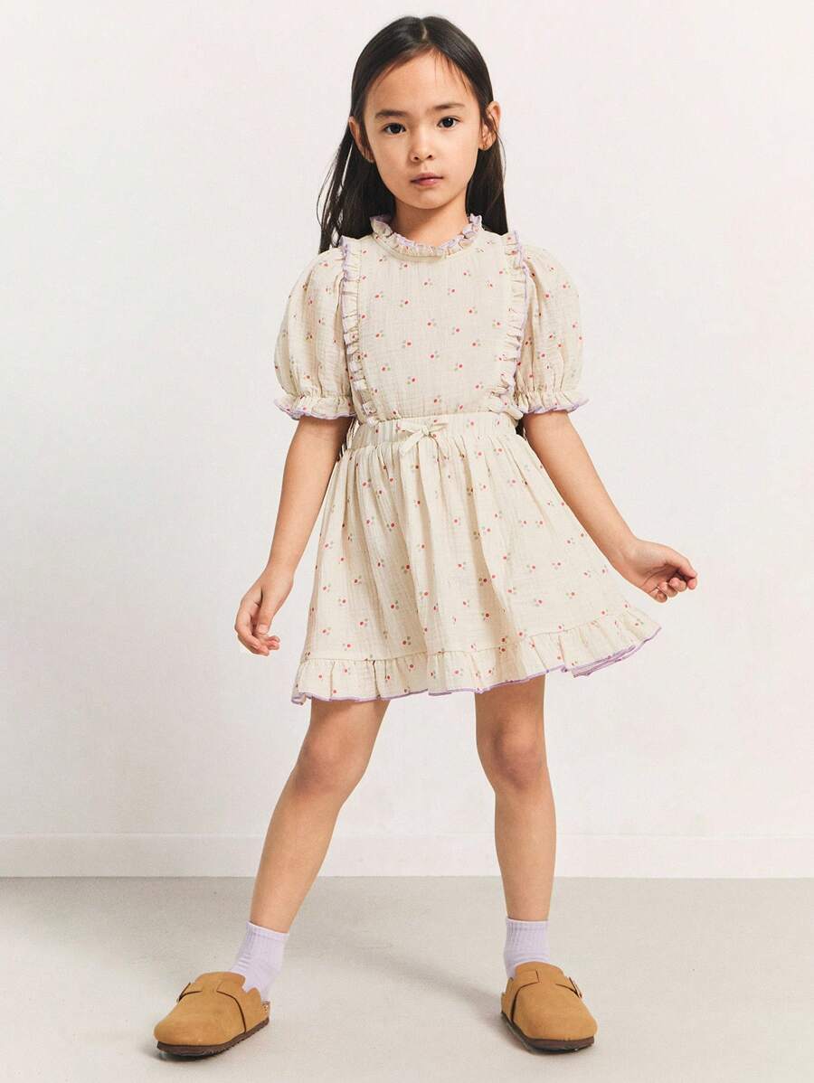 SHEIN 年轻女孩圆点印花弹性腰部撞色边饰喇叭形 A 字短裙 - 米色 - 查看 1