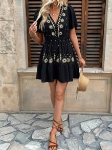 Calvaya V-Neck Embroidered Waist Slimming A-Line Short Dress
