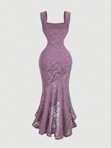 SHEIN MOD 宽肩带褶皱侧边不对称下摆植绒面料紫色连衣裙 - 紫色 - 查看 2