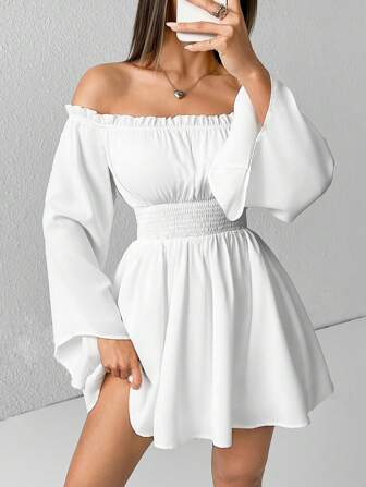 SHEIN PETITE Off-Soulder Trim Trim שרוולים פעמון שרוולי פעמון שמלה לבנה