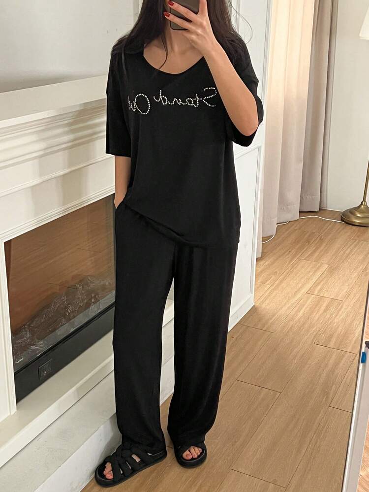 Letter Rhinestone Decor Cozy Knitted Loungewear Set Pajama