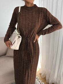 SHEIN Cottnline Knitwear Maxi Dress With Cord Detail On Waist - Brown - View 3