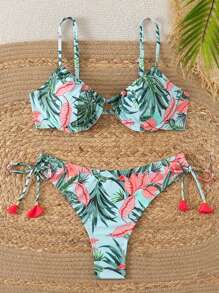 Set de bikini reversible con taza triangular y cordones en estampado de leopardo, para mujeres en verano - Multicolor - Ver 1