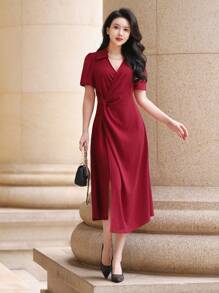 DAZY Women's Solid Color Twist Cut-Out Shirt Midi Dress Sundress Red Women Dresses Christmas - Red - View 4