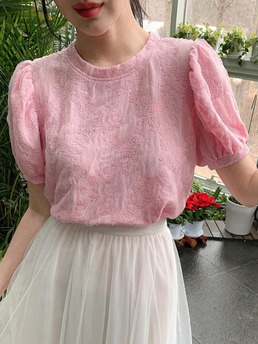 DAZY Áo thun nữ tay bồng vải đặc biệt thiết kế mới, phù hợp cho mùa xuân/hè - Hồng - Xem 1