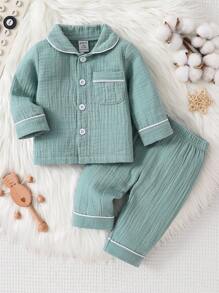 SHEIN 2pcs Newborn Baby Solid Green Soft Muslin Collared Shirt And Casual Pants Pajama Set