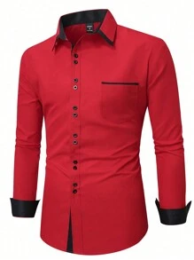 Manfinity Mode Men's Solid Color Patchwork Front Button Pocket Long Sleeve Casual Shirt, For Fall - Red - View 4