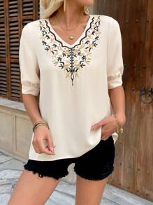 Chiquease V-Neck Embroidered Short Sleeve Casual & Commute Versatile Shirt - Apricot - View 3