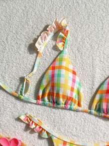 Swim Mod Springbreak 2pcs Set Summer Outfit, Gingham Print Ruffle Strap Triangle Swimwear Top & G-String Bikini Bottoms - Multicolor - View 4