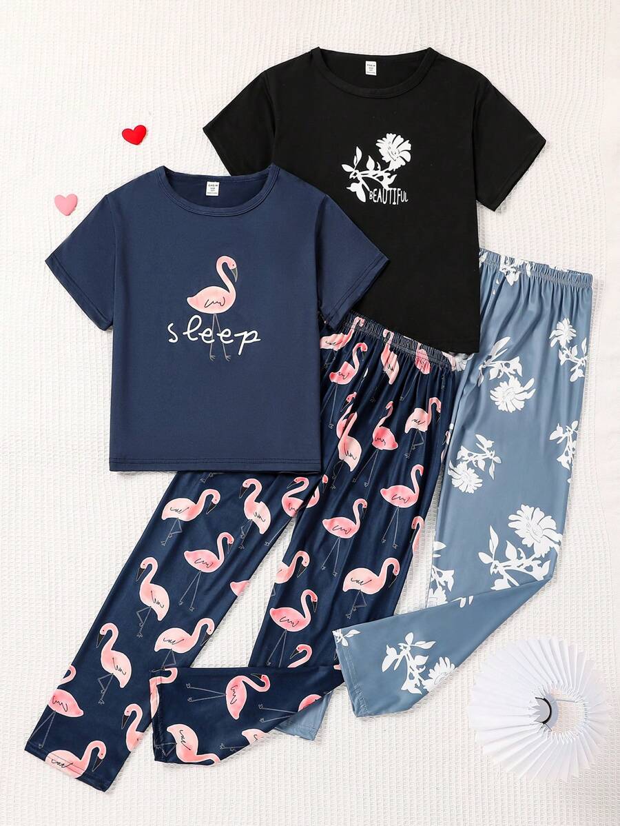 Tween Girls 海军蓝火烈鸟印花休闲 2 件套家居服套装 - 长裤和短袖上衣 - 彩色 - 查看 1