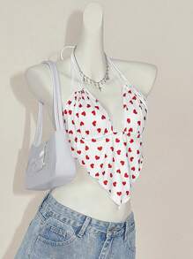 SHEIN ICON Valentine's Day Heart & Polka Dot Print Slim Fit Camisole Top With Triangular Hemline And Halter Neck Backless Design For Women - Red and White - View 3