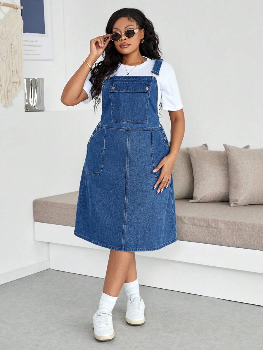 SHEIN Essnce 大码牛仔连身裙，休闲及膝连身裙，海军蓝