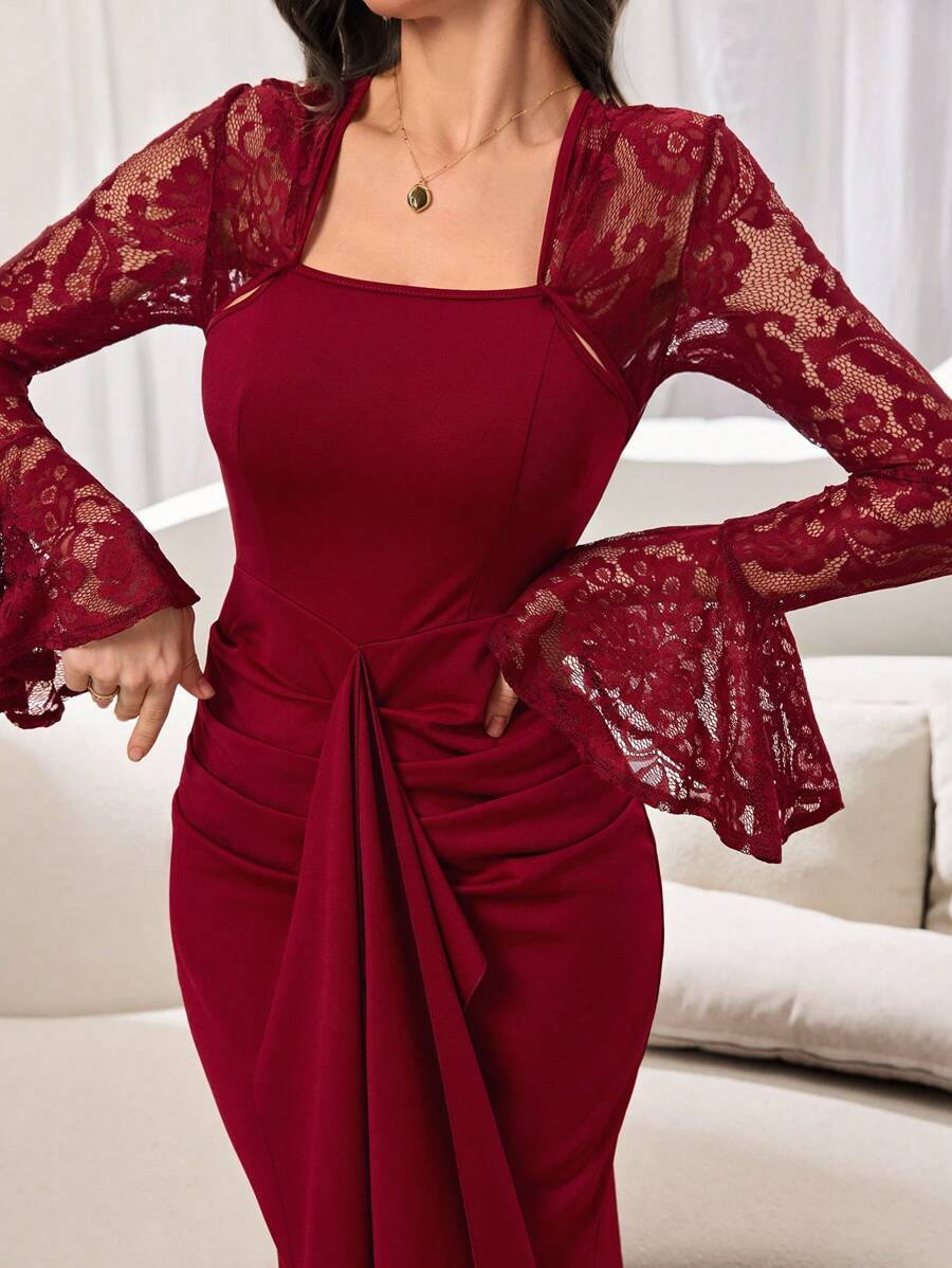 Modelyn Women's Elegant Solid Color Lace Patchwork Flare Sleeve Dress - Red - View 1