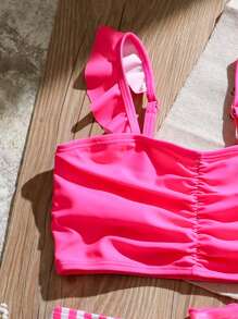 3 件套少女条纹荷叶边比基尼套装带沙滩裙，女孩小女孩泳装套装 - 彩色 - 查看 3