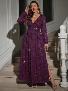 SHEIN Clasi Plus Size V-Neck Long Sleeve Split Hem Casual Long Dress - Red Violet - View 7