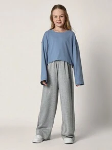 SUMWON Mädchen Teens Bequemes Crop Fit blaues Rippstoff Langarm Oversized Shirt