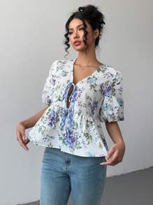 Chiquease Women's Front Tie Short Sleeve All-Over Floral Print Minimalist Blouse - White - View 4