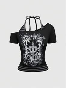 ROMWE Grunge Punk 辣妹夏季海滩西部演唱会女装 Kpop 锐舞节街头服饰性感 Y2K 二合一不对称肩条纹撞色藤蔓印花黑桃吊带蝴蝶结 T 恤 - 黑色 - 查看 1