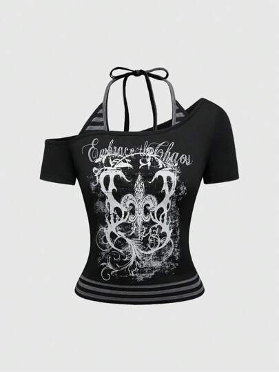 Grunge Punk Maglietta da donna a 2 in 1 asimmetrica con spalle scoperte, a righe, con stampa a contrasto di viticci e fiocco, stile Gyaru, adatta per spiaggia, concerti, festival Kpop, rave, streetwear, in stile Y2K