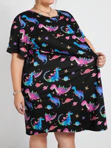 SHEIN CURVE+ Plus Size Summer Colorful Dinosaur Short-Sleeved Dress, Casual Cartoon Pattern Print, Cute