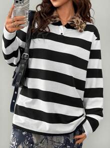SHEIN EZwear 女士冬季日常穿着基本款黑/白毛绒翻领 Polo 衫 - 黑與白 - 查看 5