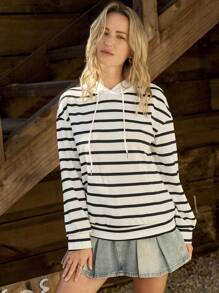 LanaWest Casual Style Black & White Striped Hooded Sweatshirt, Autumn/Winter Pullover Fall Sweatshirt - Black and White - View 5
