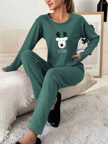 RueChic 100%Cotton Embroidery Cartoon & Letter Pattern Lounge Set - Green - View 1