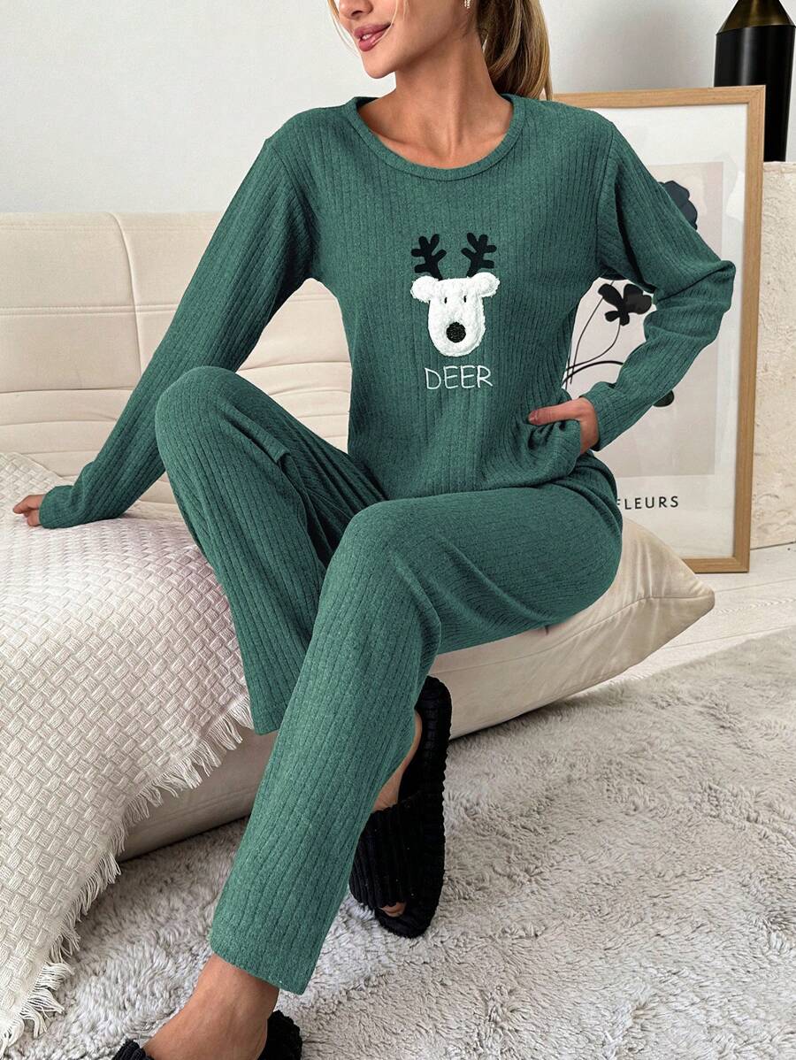 RueChic 100%Cotton Embroidery Cartoon & Letter Pattern Lounge Set - Green - View 1